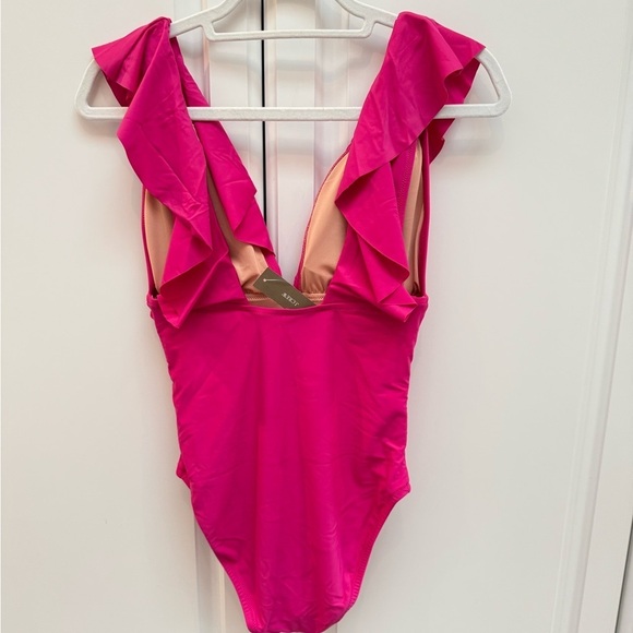 NEW J. Crew Long-torso Pink Ruched Ruffle one-piece swimsuit - size 18 (XXL, 1X) - Picture 4 of 7